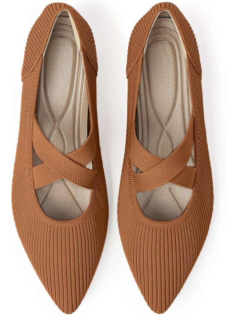 Women's Brown Knit Mary Jane Flats Pointed Toe Comfortable Slip On Dressy Shoes